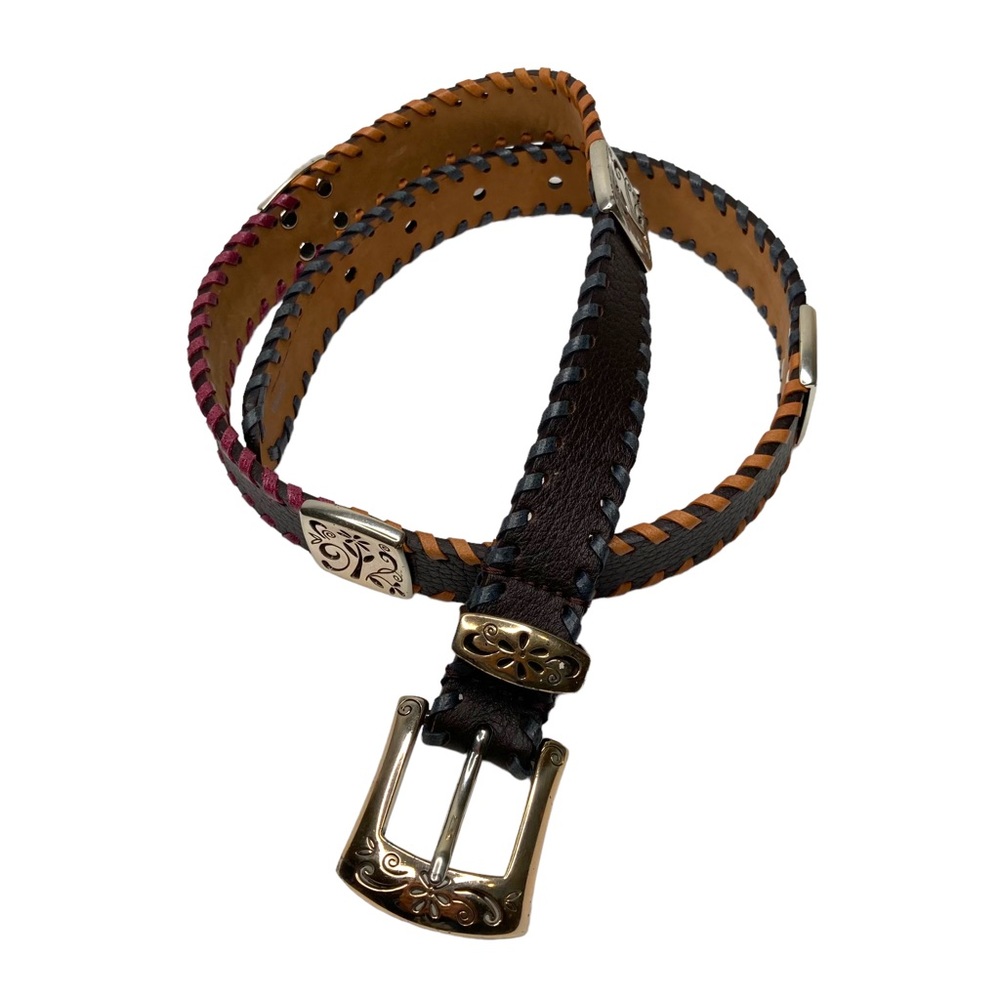 BRIGHTON Black Leather Multicolor Stitching Silver Floral Buckle Belt Size 30